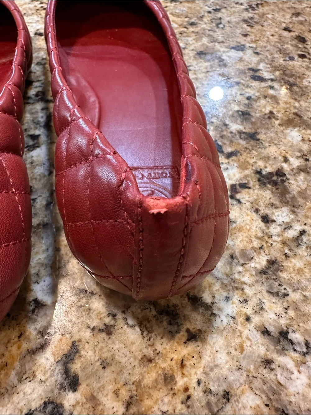 Tory Burch Quilted Wine Leather Ballet Flats with Gold Cap Toe